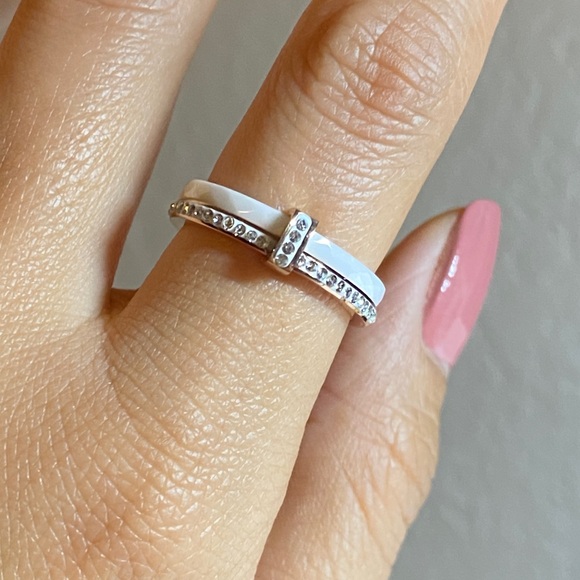 Size 7-8 White Ceramics CZ Double Ring Gold Chunky Ring for Women Annive… - Picture 1 of 4